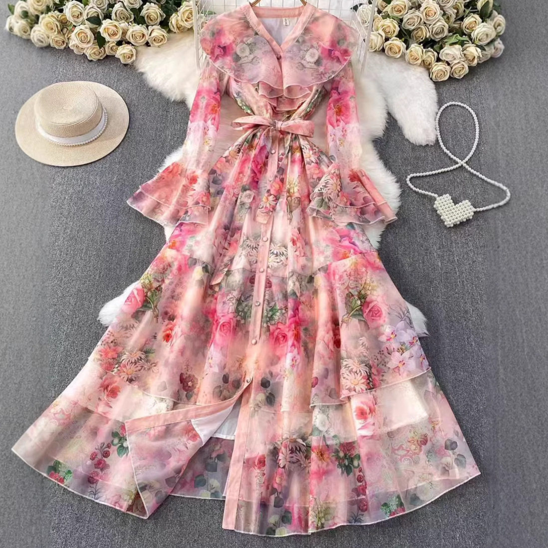 Elegant Floral Print Bell Sleeve Dress for Women French Style Waist Defined Ruffled Hem Perfect for Spring and Autumn