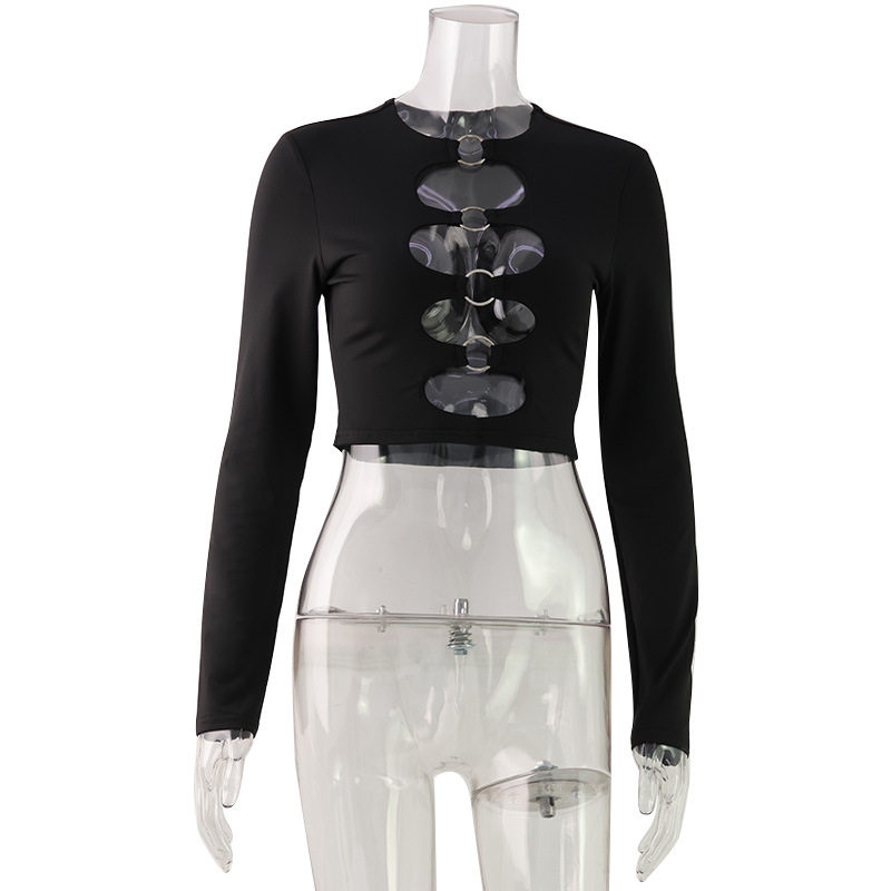 Street Style Womens Top Fashionable Solid Color Long Sleeve Hollow Design Round Neck Metallic Ring Casual Wear