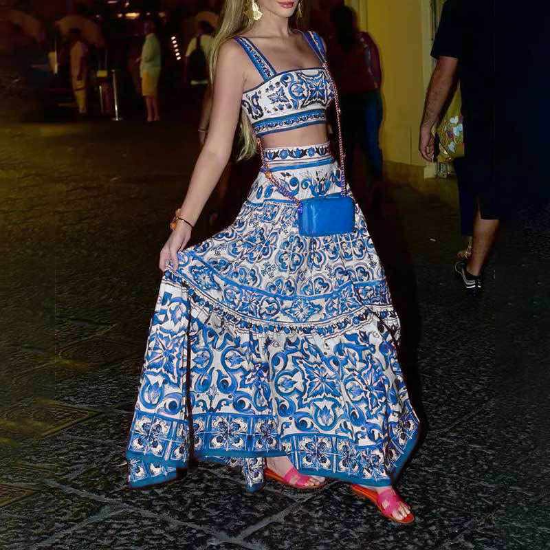 Spring Womens Fashion Set Square Neck Floral Print A Line Skirt Sleeveless Perfect for Casual Outings Wholesale
