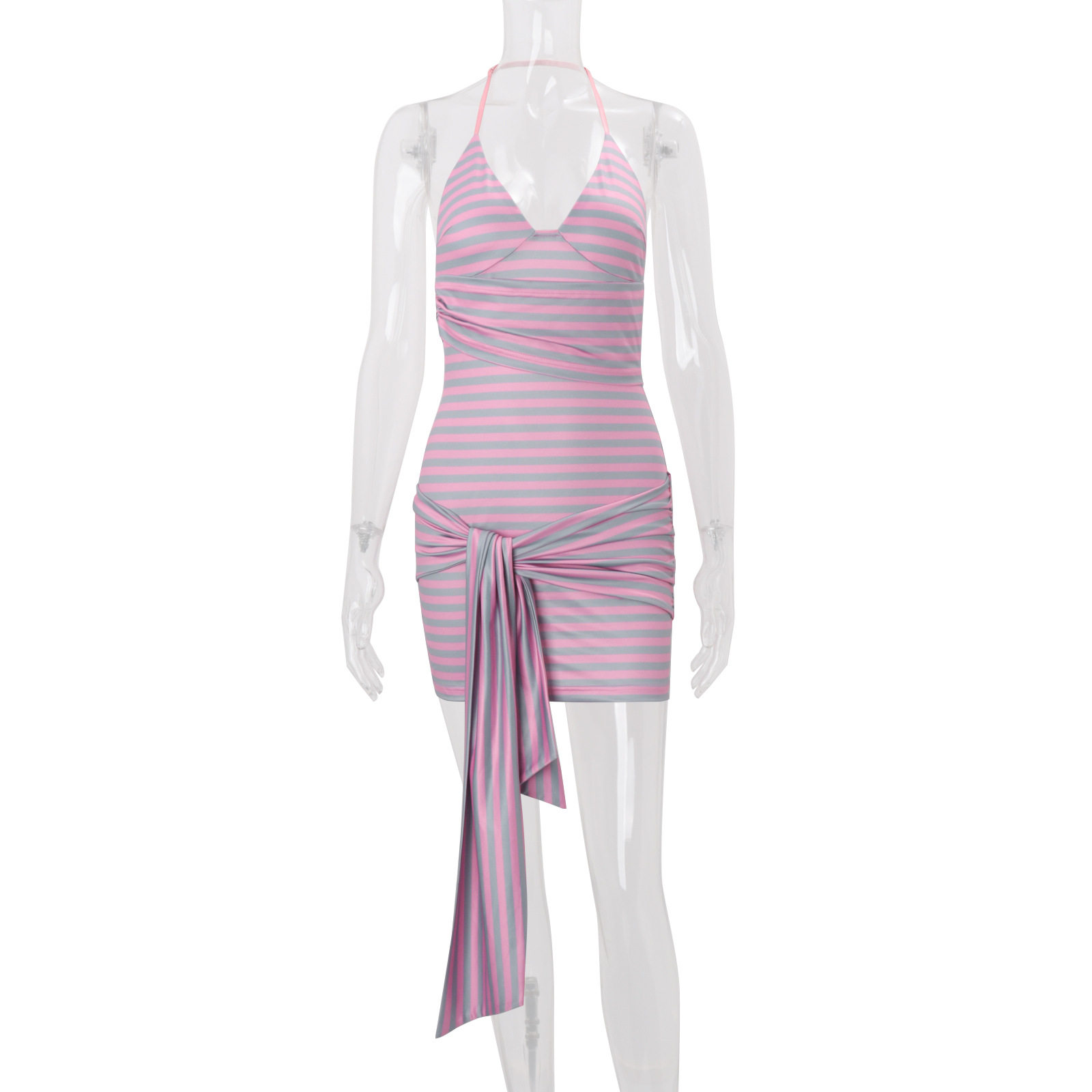 Summer Striped Bodycon Dress Halter Neck V Neck Adjustable Tie Slim Fit Casual Party Wear Wholesale Available