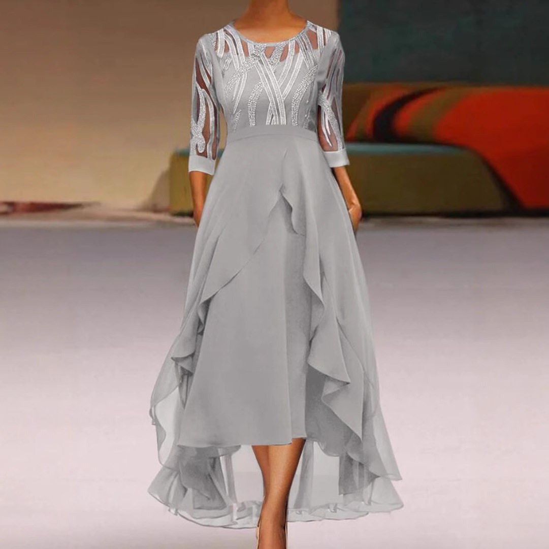 Chiffon Midi Dress with Lace Inserts and Round Neckline for Fall Winter Events Available in Gray and Blue Wholesale