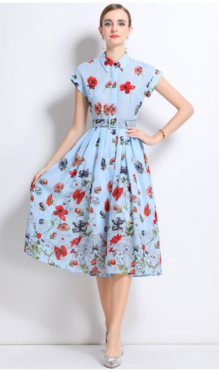 French Style Short Sleeve Polo Dress Waist Defining Flowy A Line Floral Print Summer Elegance for Women Wholesale