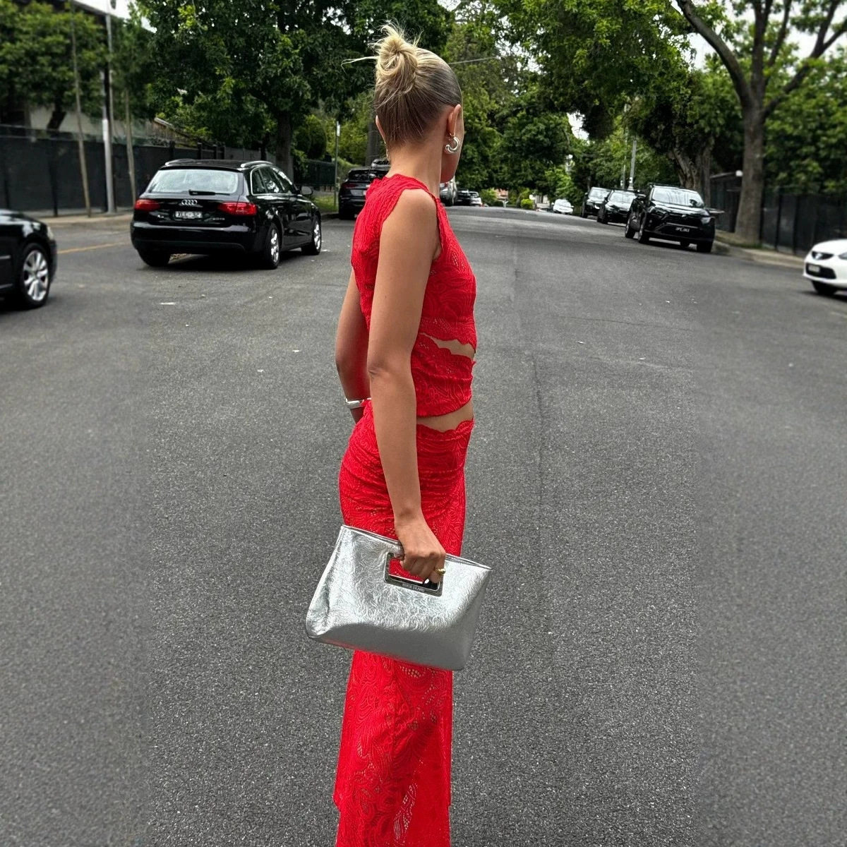 Red Lace Sleeveless Top with Asymmetrical Hem Sexy Design Mermaid Skirt Evening Wear Party Outfit Wholesale