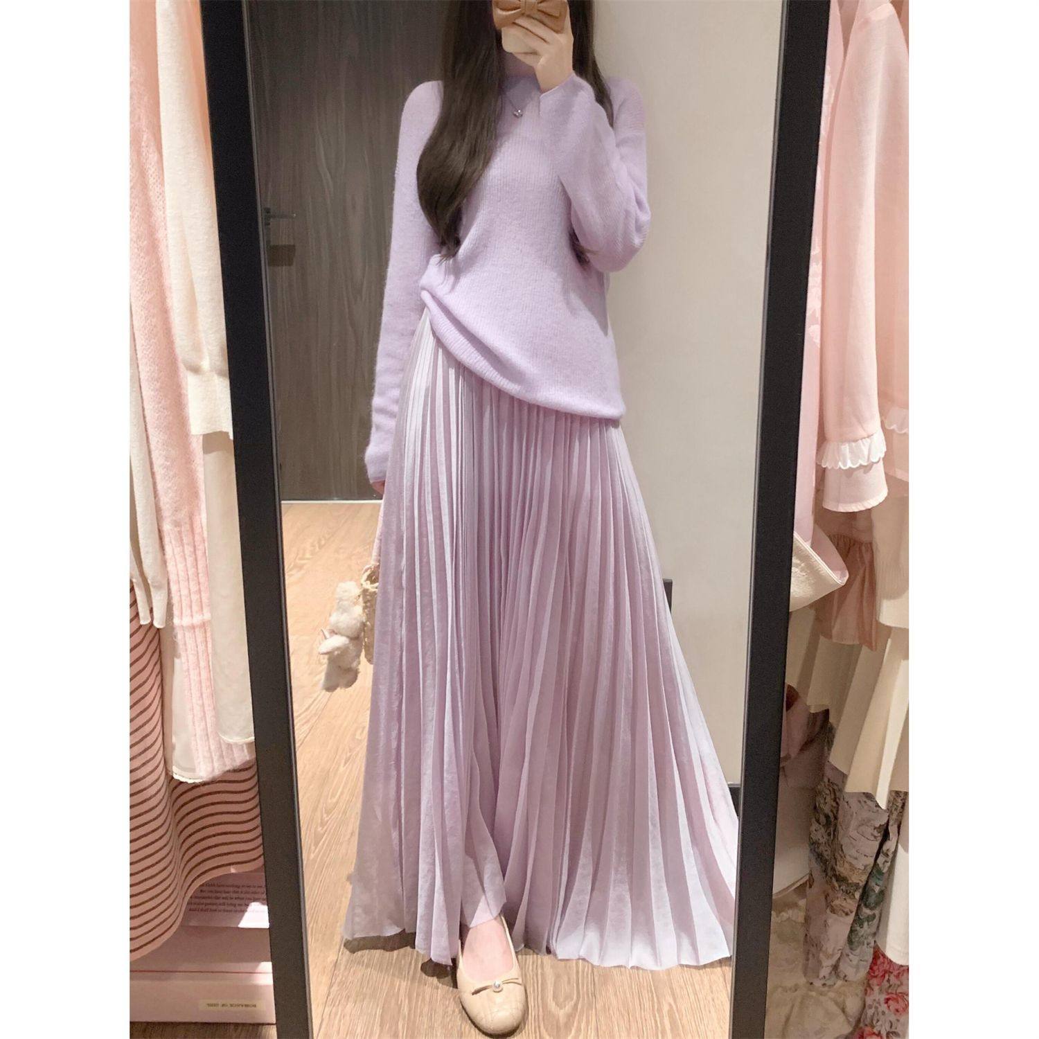Gentle Slim-fit Slimming Purple High-end All-match Pleated Skirt Gentle Sweet Taro Purple Sweater Two-piece Set for Women