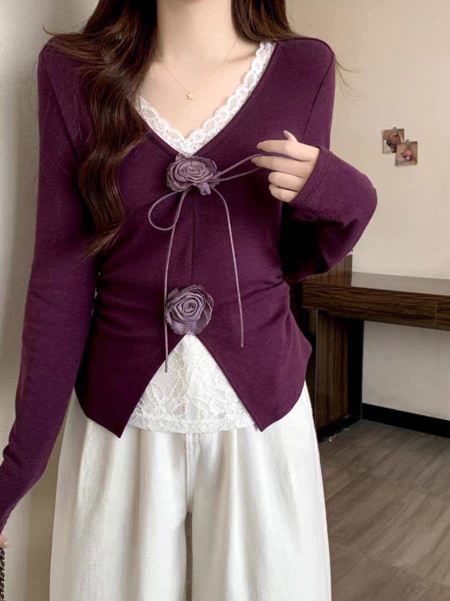Lace Panel Long Sleeve T Shirt for Women Slim Fit Waist Design Autumn Fashion Available in Purple and Apricot Wholesale