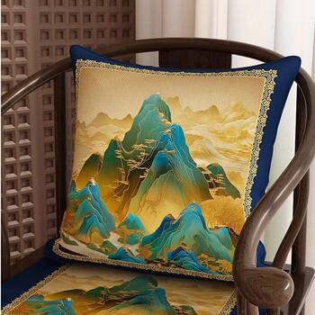 High-End Chinese-Style Backrest Pillow for Living Room Sofa, Light Luxury with a Sense of Sophistication, Featuring a Landscape of Mountains and Rivers, Blue Cushion, New Model