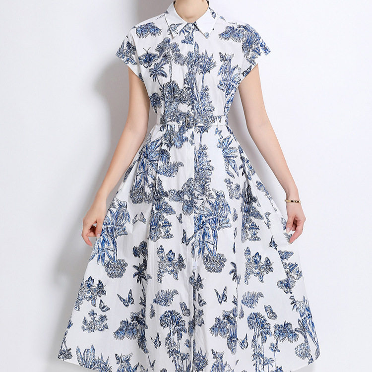 French Vintage Bamboo Leaf Print Shirt Dress Single Breasted Waist Defining A Line Silhouette Summer Casual Wear