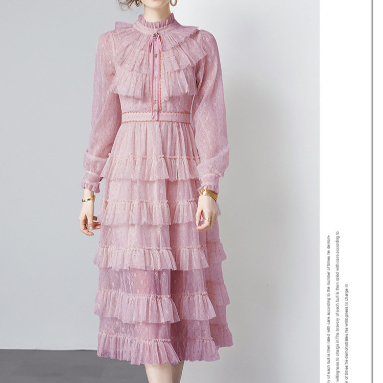 Elegant Long Sleeve A Line Dress High End Lightweight Fabric Waist Defining Sheer Mesh Cake Style Perfect for