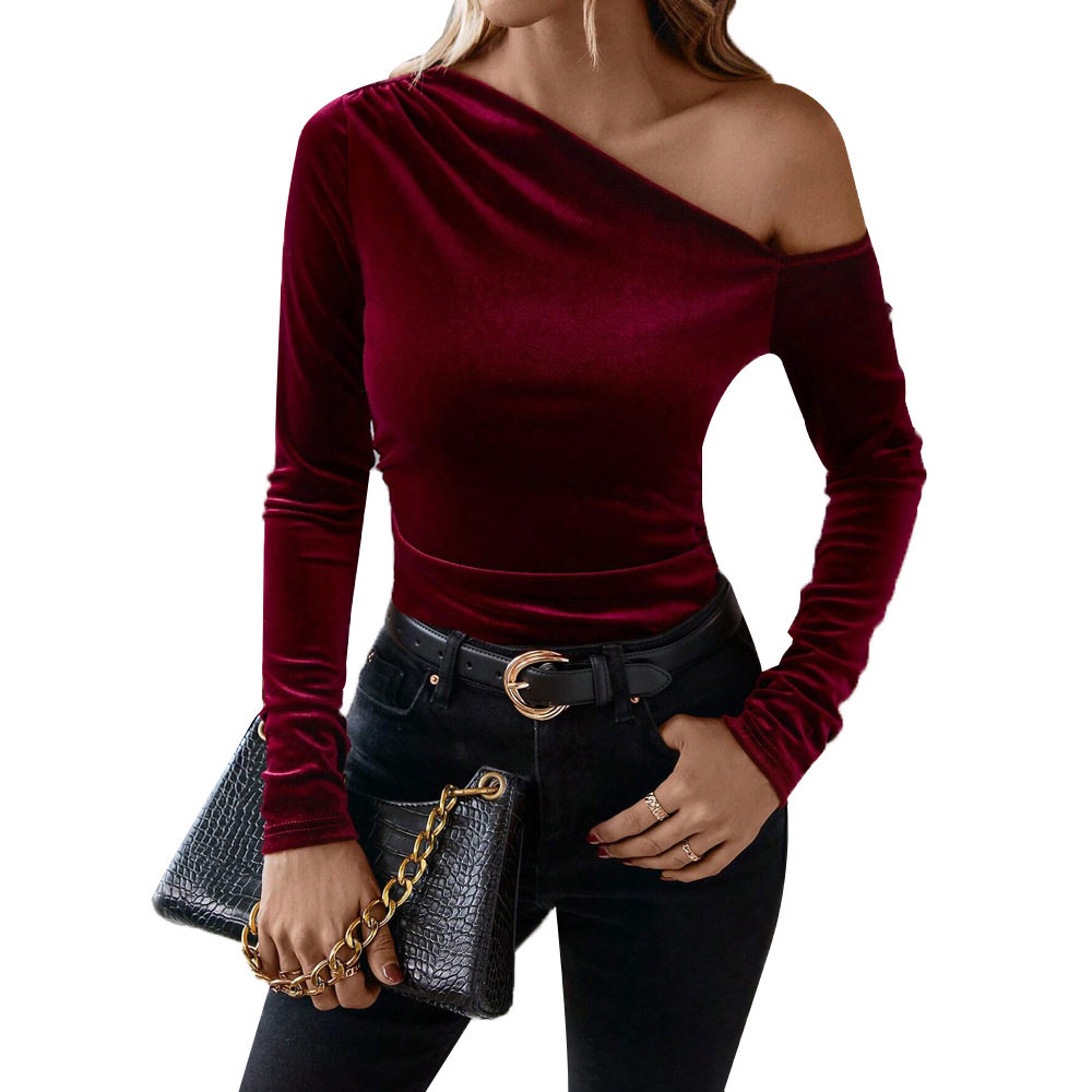 Velvet Off Shoulder Top Slim Fit Long Sleeve Solid Color Elegant for Parties and Events Wholesale Available