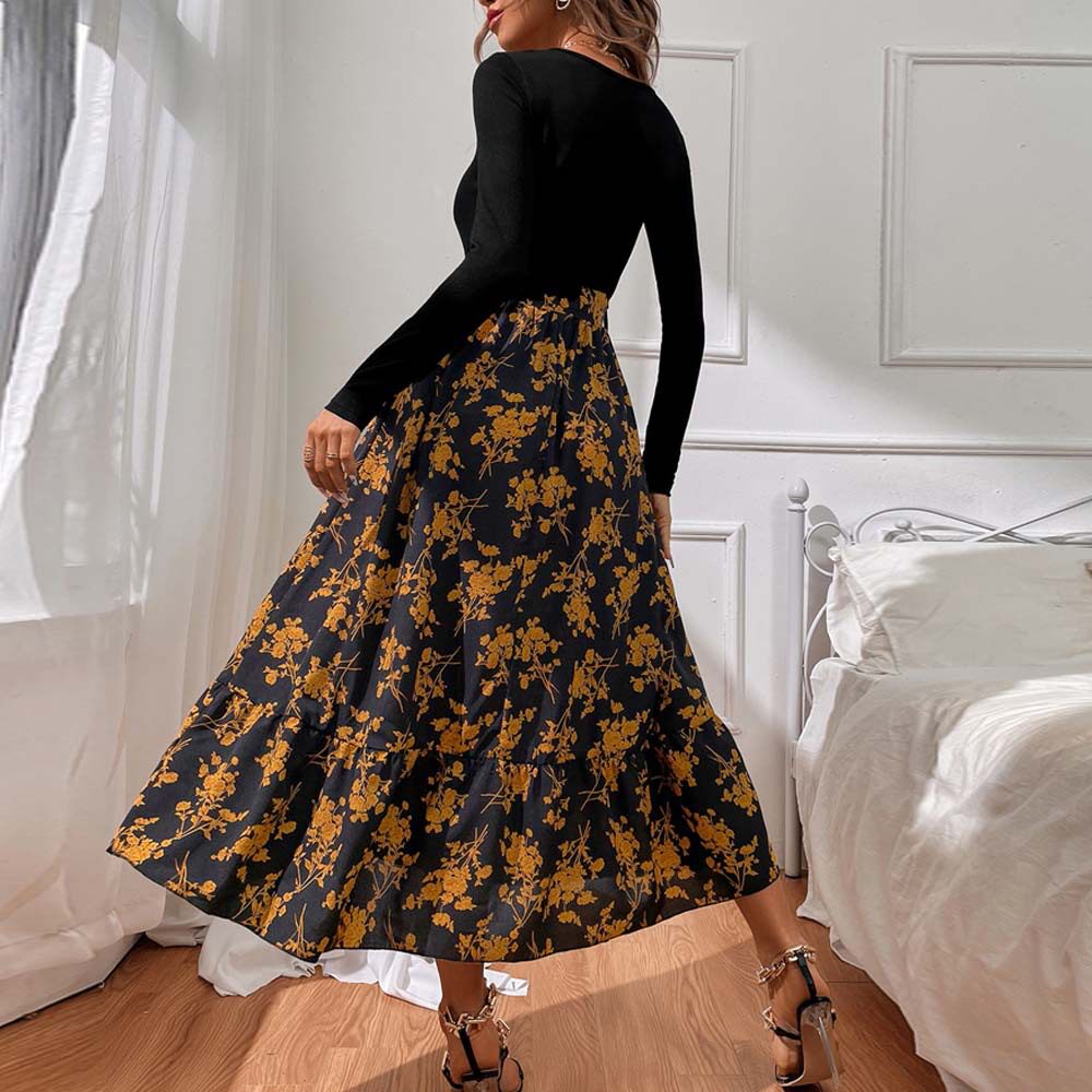 V Neck Floral Midi Dress Fresh and Gentle Style Autumn Winter Vacation Wear Wholesale Available