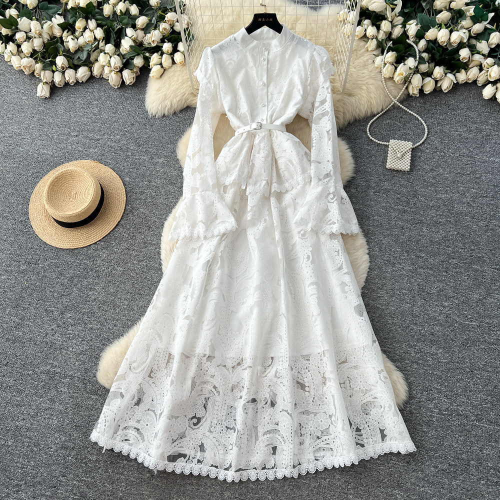 Elegant Long Evening Dress High End Embroidery Hollow Out Flared Sleeves Spring Summer Party Wear Wholesale