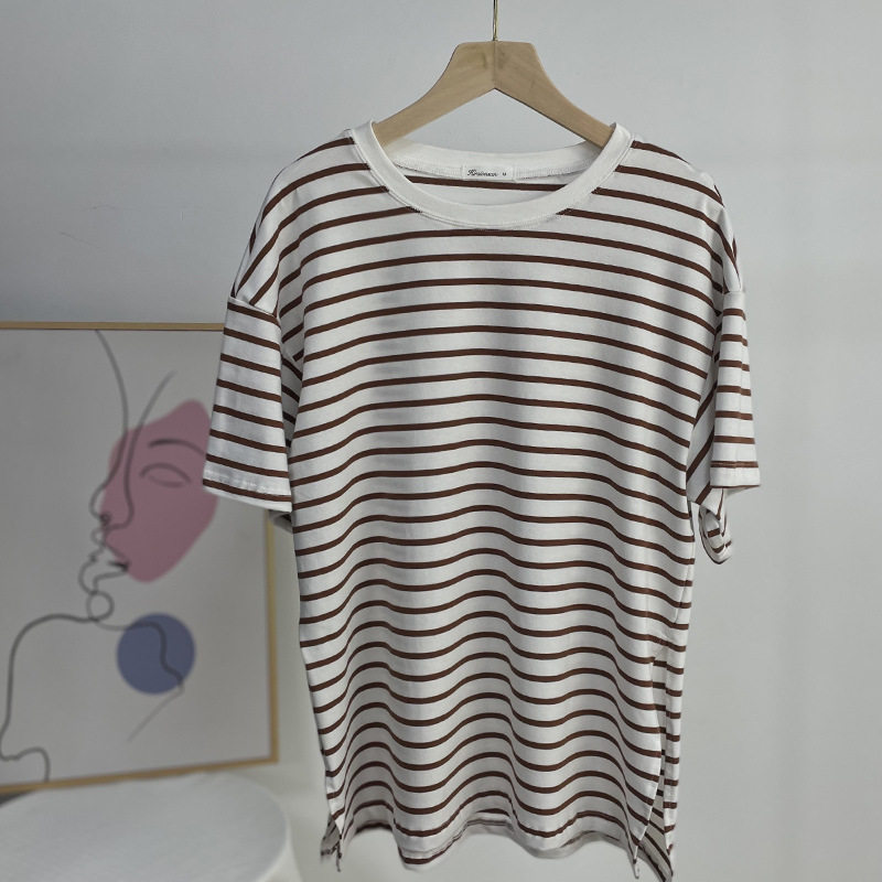 Striped Split Hem T Shirt for Women Loose Fit Short Sleeve Summer Style Casual Wear Wholesale Available