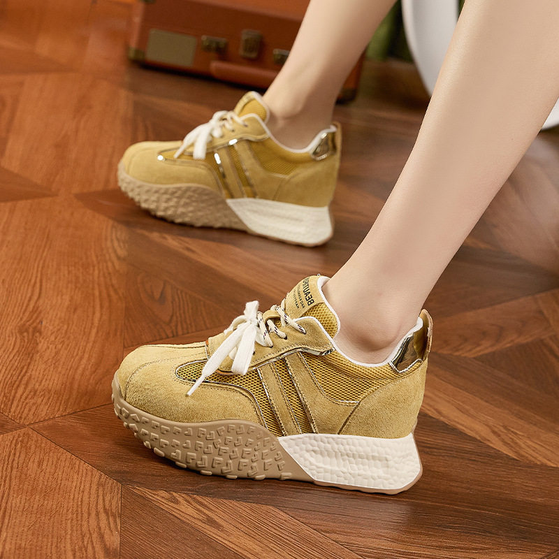 Giày sneaker nữ đế dày chunky da microfibre phong cách đơn giản, gót siêu cao 8cm — Len thuần, Vàng, Tím