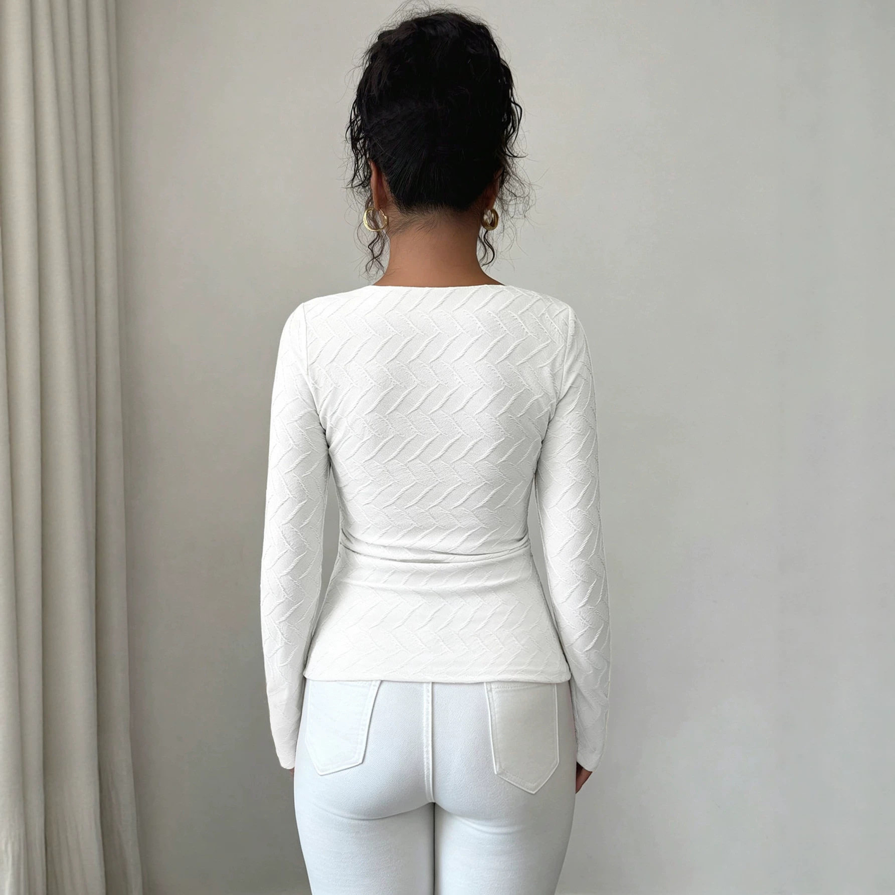 Long Sleeve T Shirt Asymmetrical Neckline Metal Button Slim Fit Solid Color Autumn Winter Fashion Wholesale