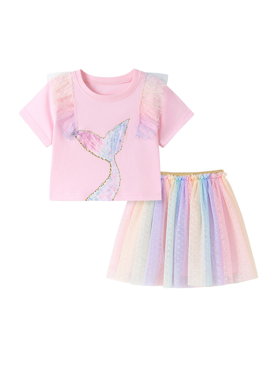 New Summer Girls' Mesh Dress Set, Cartoon Cute Style Kids' Outfit