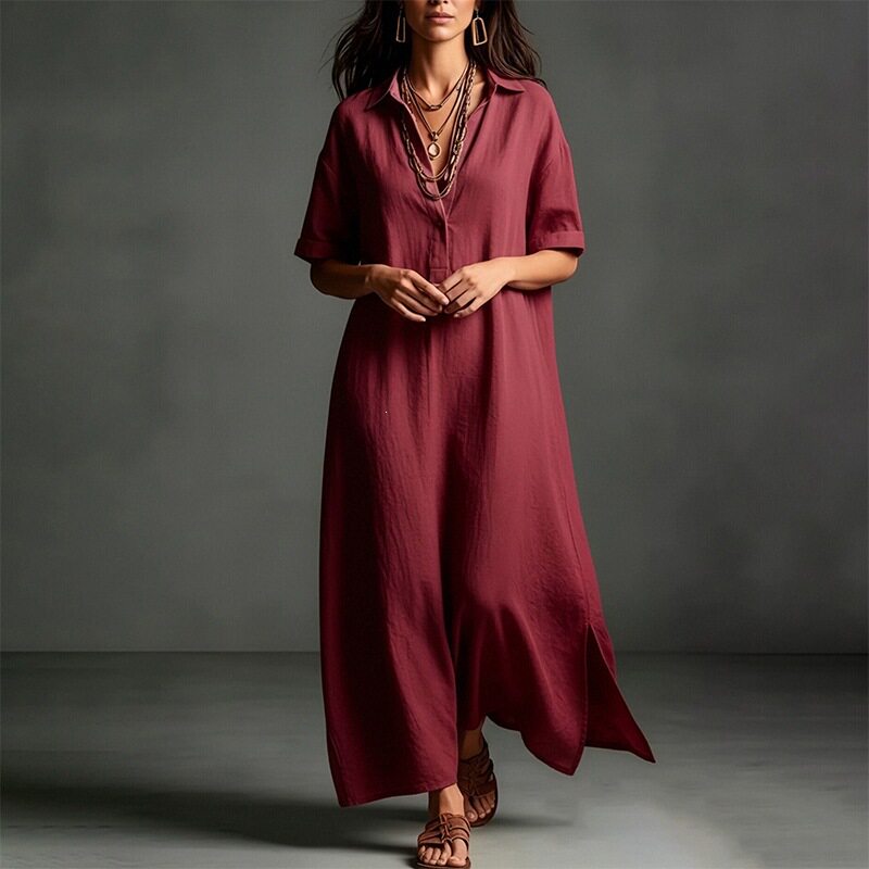 Womens Short Sleeve Polo Neck Long Dress Solid Color Casual Style Beach Vacation Wholesale Available