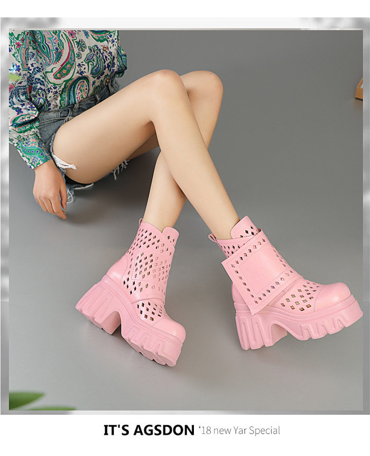 Sandal cao gót nữ hở mũi da bò lỗ khí mùa hè, gót siêu cao 8 cm, phong cách Martens — [Trắng], [Hồng], [Kaki đậm], [Đen] chi tiết 9