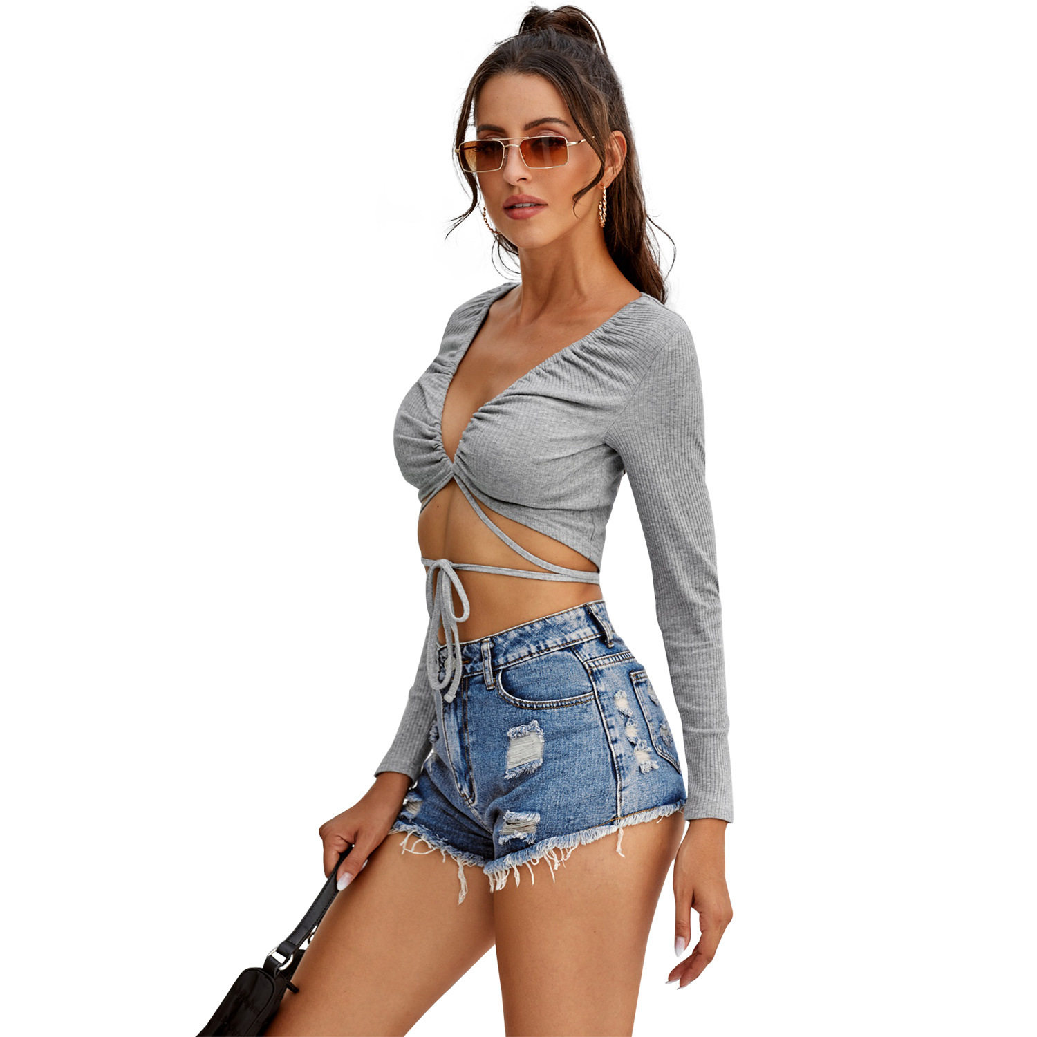 Casual Womens T Shirt Slim Fit Sexy V Neck Drawstring Design Trendy Everyday Wear Wholesale Available