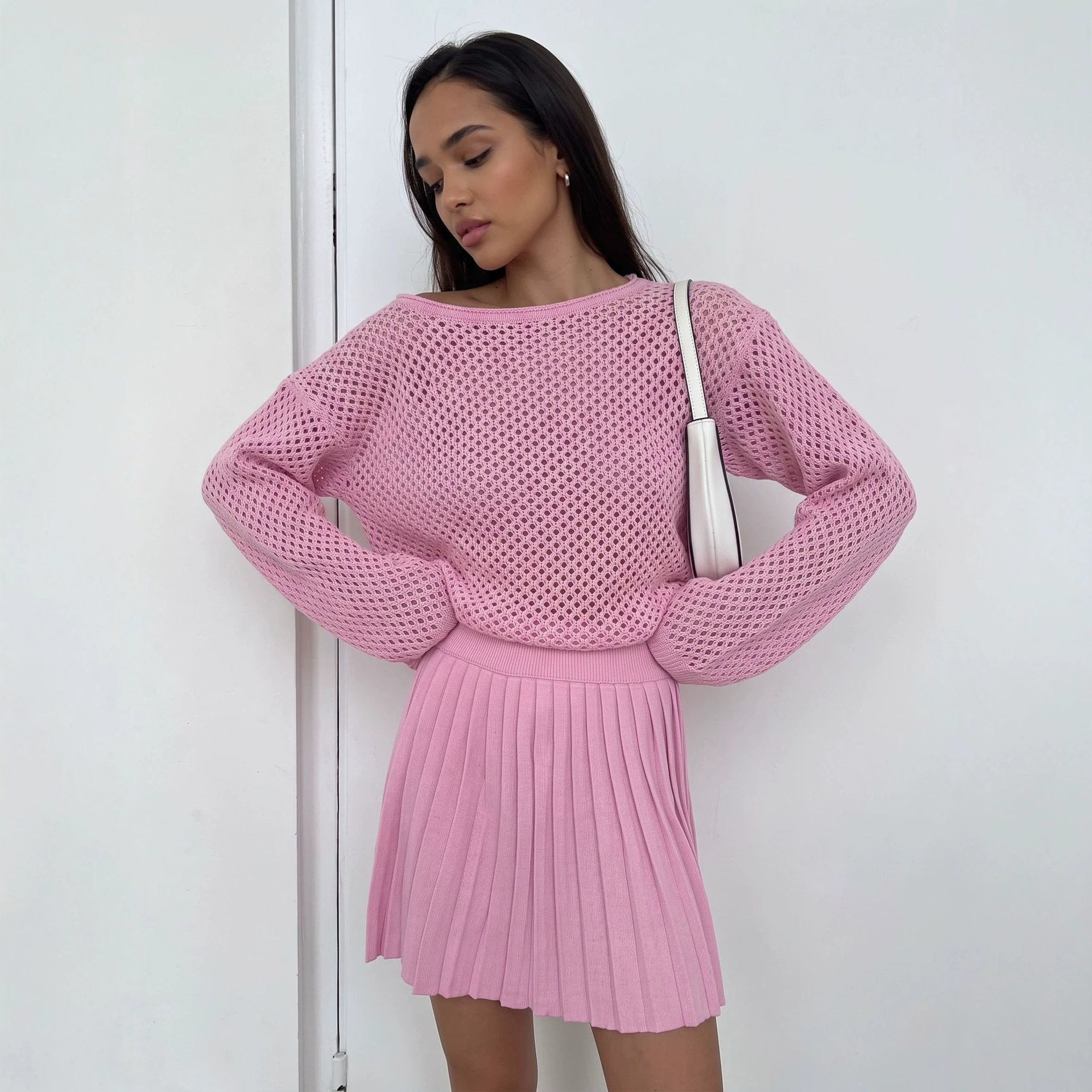Lace Knit Sweater and Pleated Skirt Set Loose Fit Casual Style Comfortable Fabric Perfect for Autumn Winter Wear
