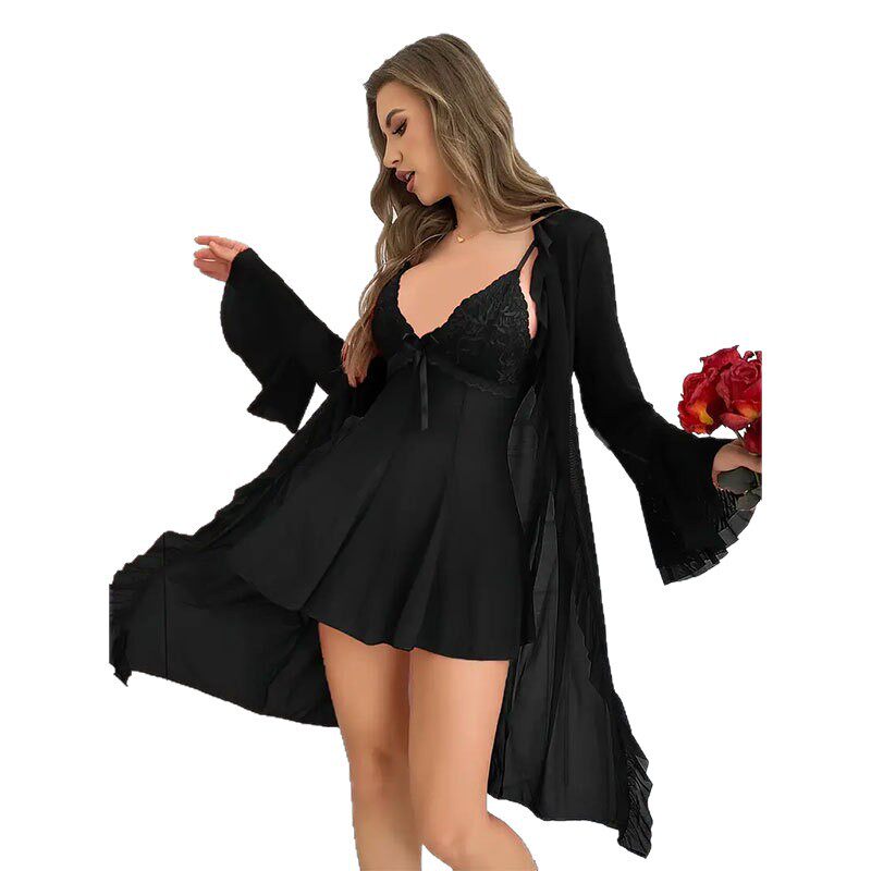 跨境亚马逊情趣内衣夏季网纱睡衣透视外套吊带性感薄款睡裙网纱女