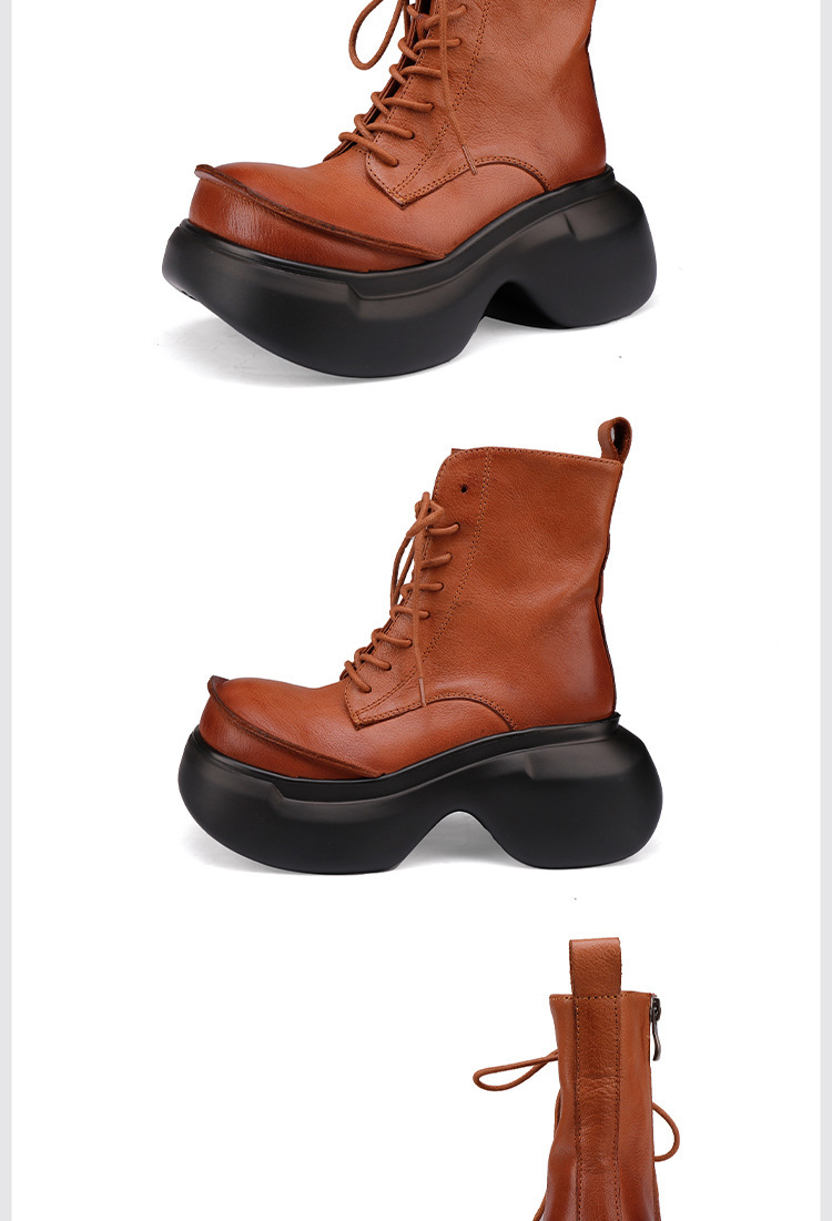 Boot Martin nữ cổ ngắn đế dày da bò thật tăng chiều cao — màu đen, Màu nâu