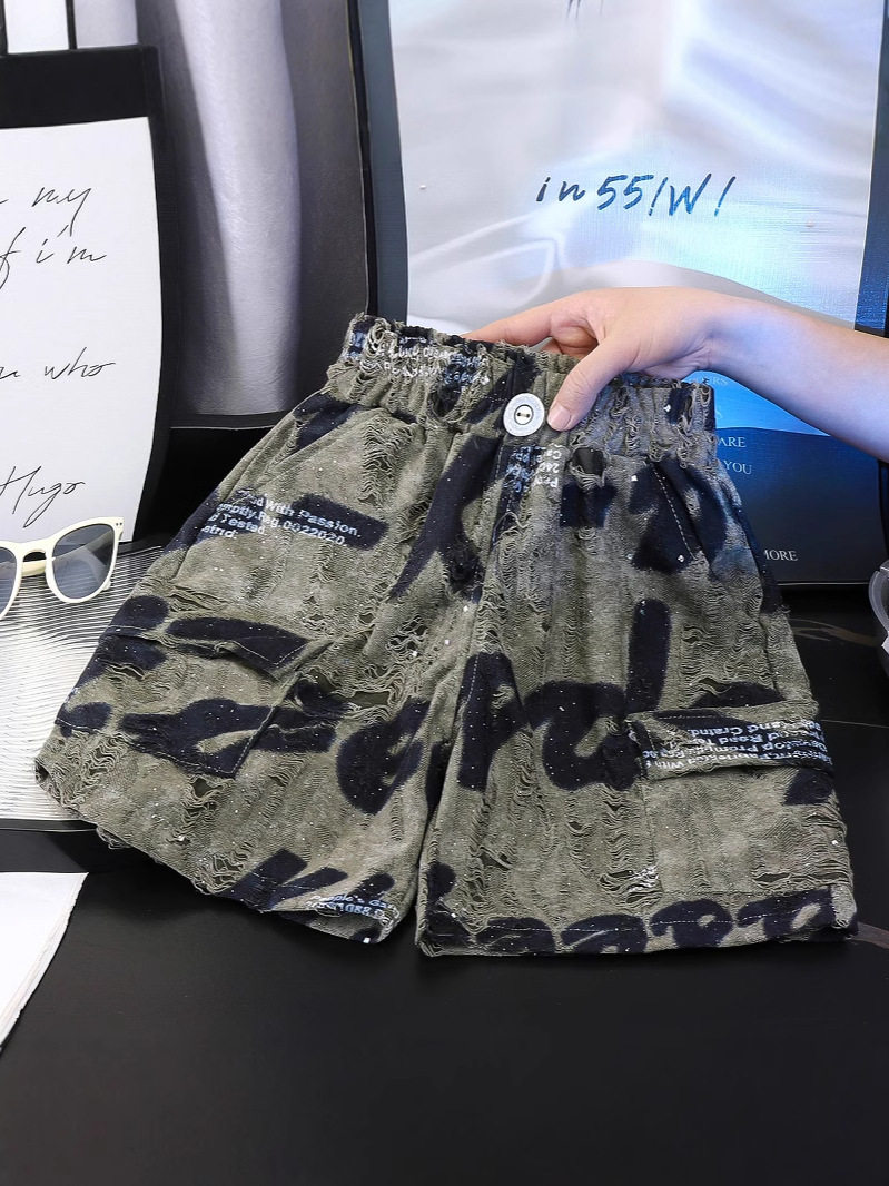 Boys' Summer Shorts, Korean Style Girls' Distressed Five-Inch Shorts, Thin Trendy Hip-Hop Kids' Shorts