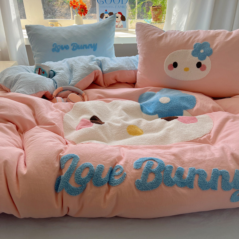 Class a Bedding Four-Piece Set Pure Washed Cotton 2025 New Style Bed Sheet Duvet Cover Cartoon Student Dormitory Three-Piece Set 4