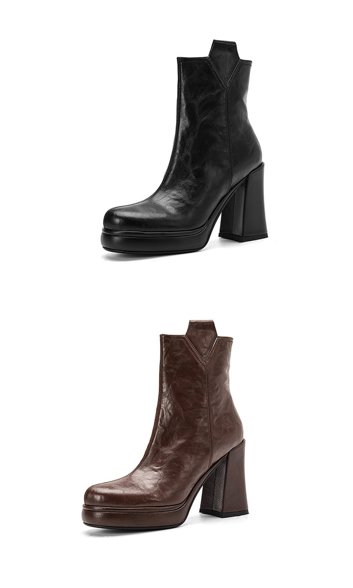 Boot nữ cổ thấp gót thô 10cm khoá kéo bên hông, da bò vân mềm phong cách Anh — Lớp lót đơn màu đen, Lớp lót đơn màu nâu, Lót nhung đen, Lót nhung màu nâu