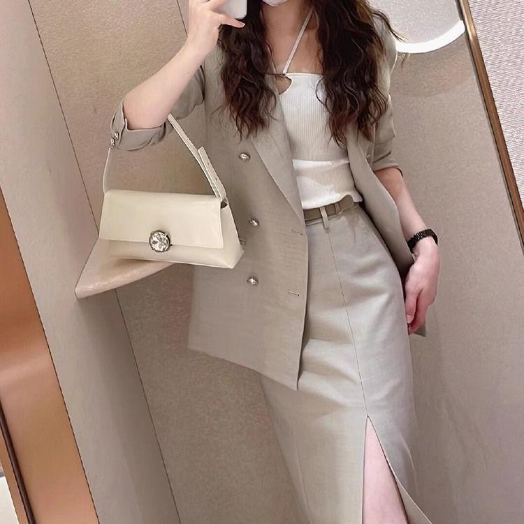 Chic Grey Blazer and Skirt Set Tailored Fit Elegant Style Professional Look Perfect for Spring Business Attire