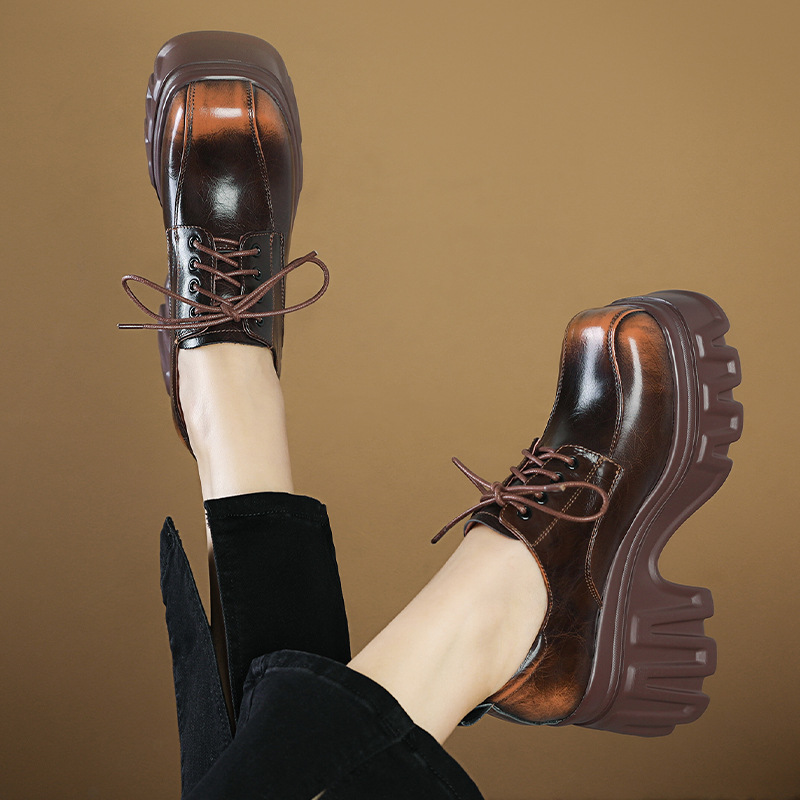 Giày Cao Gót Nữ Chất Liệu Da Bò Cao 10cm Mũi Tròn Gót Vuông Đế Cao Phục Cổ Cổ Điển