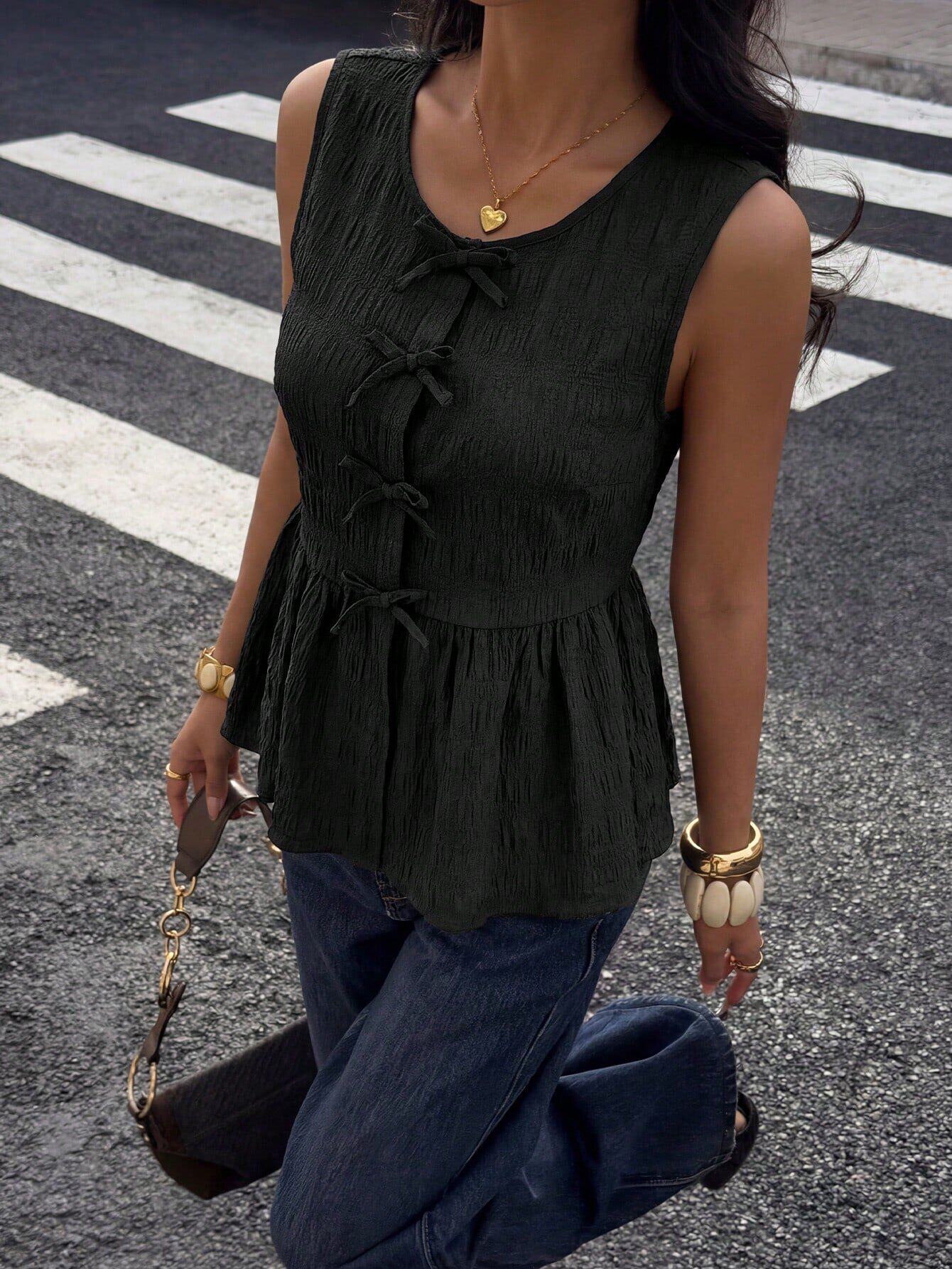 Sleeveless Bow Decorated Top Slim Fit Ruffled Hem Summer Style Perfect for Casual Outings Wholesale Available