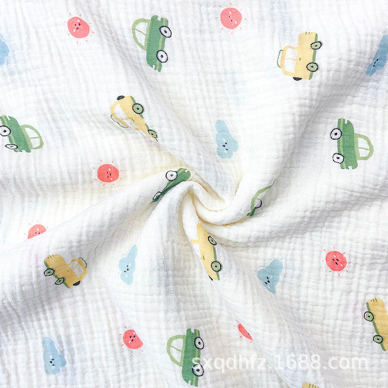 Cotton Double-Layer Crepe Printed Fabric Spring, Summer and Autumn Cartoon Car Printed Cotton Pajamas Home Clothes Mother and Baby