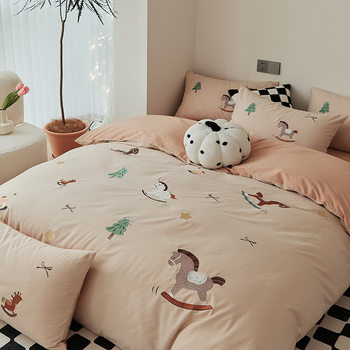 High-end four-season cotton 100 soft waxy sanding long-staple cotton bed four-piece set thickened embroidered quilt cover three-piece set