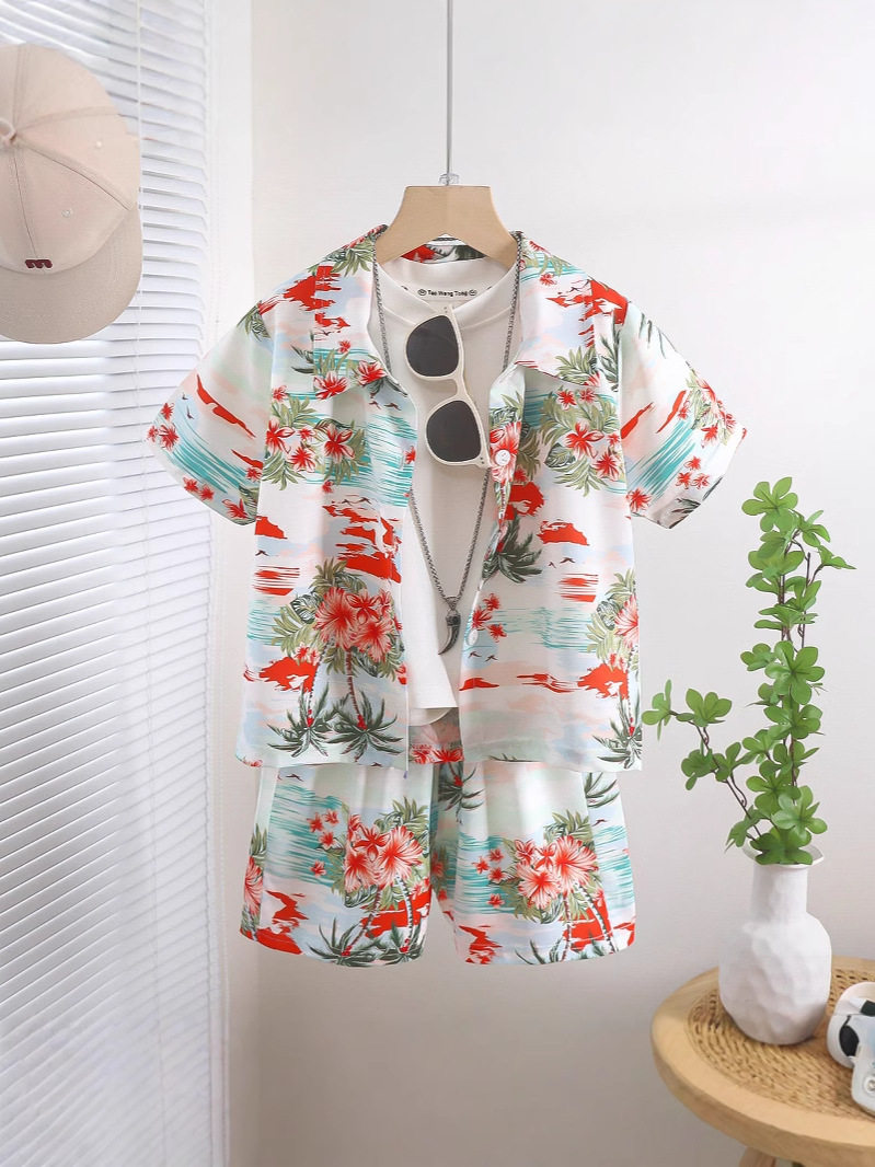 New Boys' Collared Short-Sleeve Set, Beach Hong Kong Style Printed Shirt Two-Piece, Thin Summer Vacation Outfit