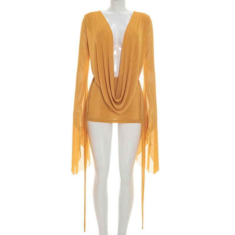 D25DS222 欧美跨境新款女装网纱荡领大摆长袖露背A字短袖连衣裙女