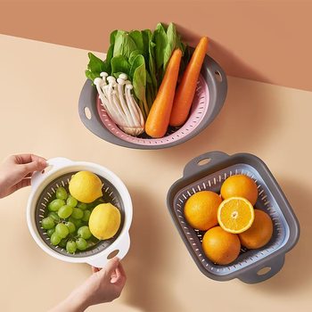 Kitchen Vegetable Washing Drain Basket Plastic Contrast Foldable Drain Basket Household Storage Basket Portable Fruit Basket Vegetable Washing Basket