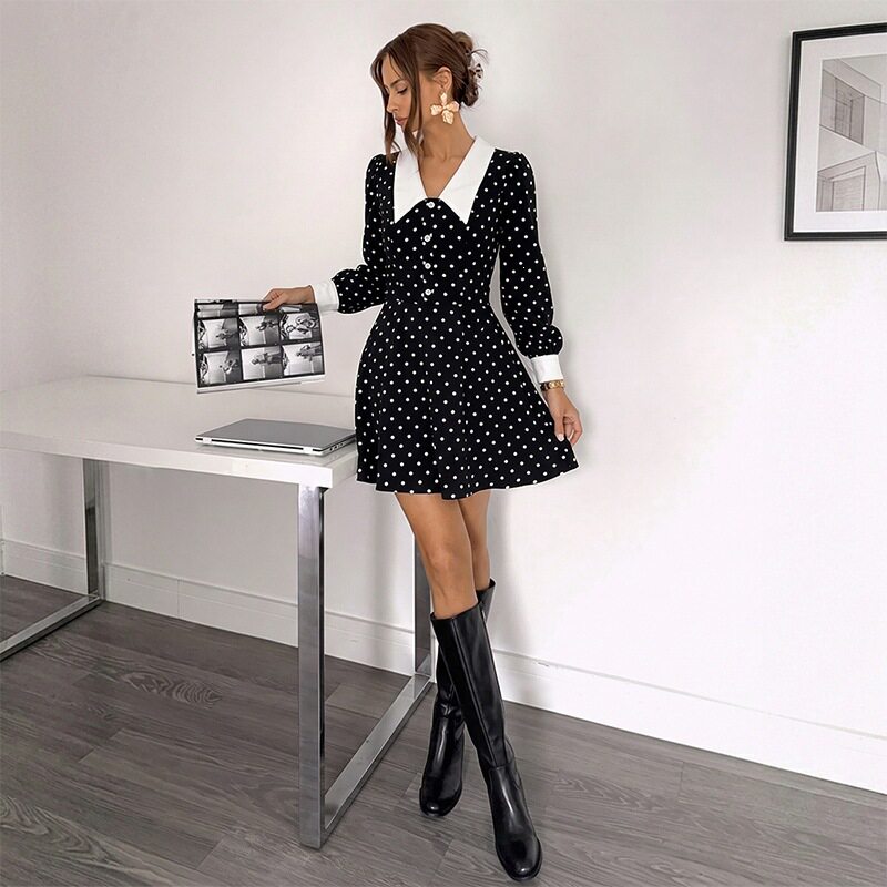 Retro Color Block Polka Dot Mini Dress Short Sleeve Lapel Collar Sweet Style Perfect for Casual Outings Wholesale