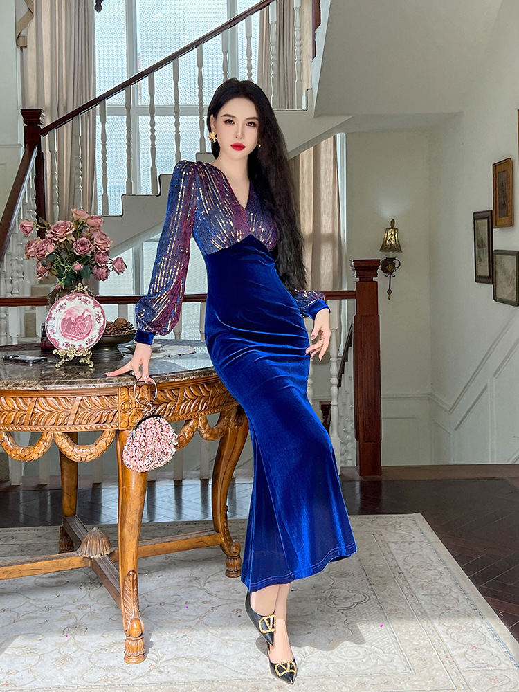 Đầm dài nhung phối sequin cổ chữ V dáng đuôi cá nữ — Xanh đá quý, Màu đen, Đỏ gỉ sắt