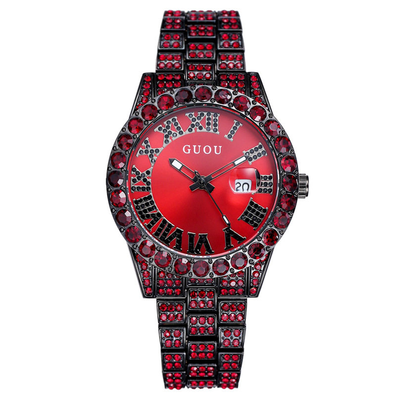 GUOU colored diamond hip hop roman numeral calendar diamond watch personality large dial star luxury steel band watch