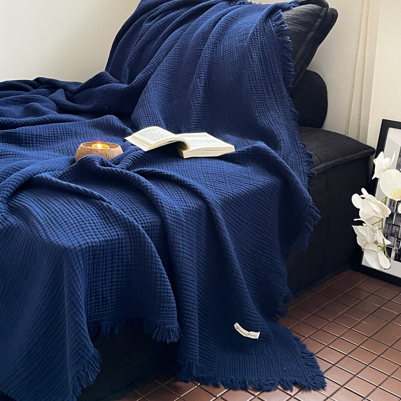 Maillard Style Sofa Blanket, Four-Layer Crinkled Yarn Tassel Blanket, Pure Cotton Office Throw Blanket, Car Leisure Blanket, Dropshipping