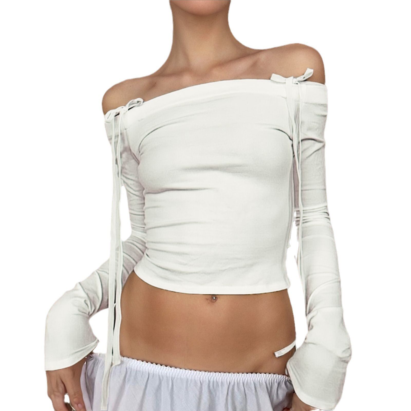 Off Shoulder Long Sleeve Top Sexy Cropped Adjustable Tie Versatile for Fall Fashion Wholesale Available