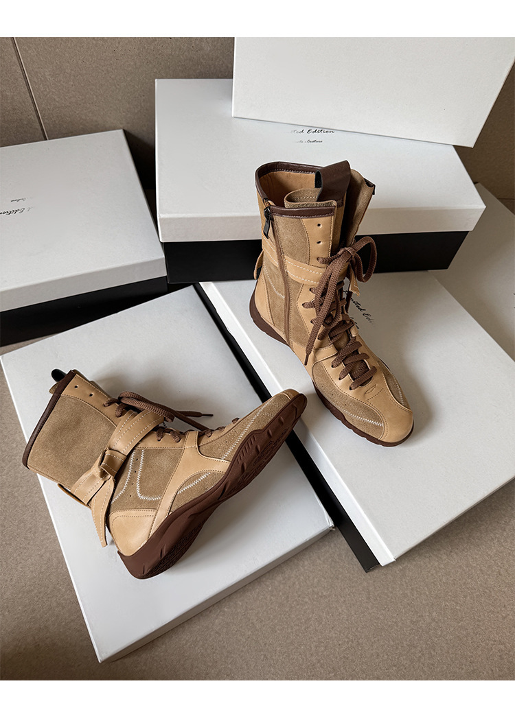 Boot nữ da bò lộn cổ thấp tăng chiều cao gót 3cm — Màu đen, Màu kaki, Màu nâu