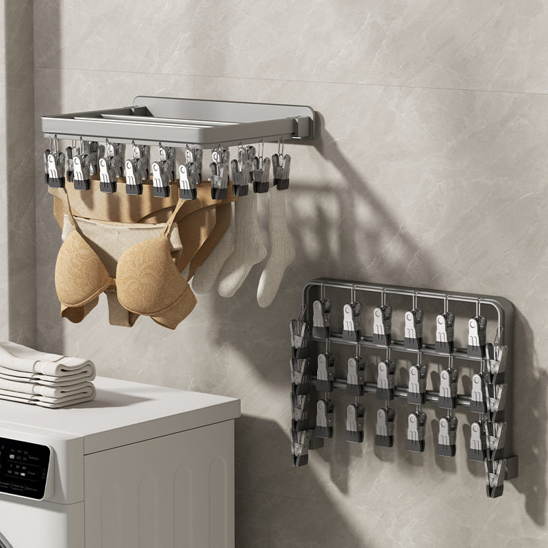 Folding Clothes Drying Rack Multi-Clip Wall-Mounted Sock Drying Artifact Home Balcony Windproof Intimates Baby Sock Rack
