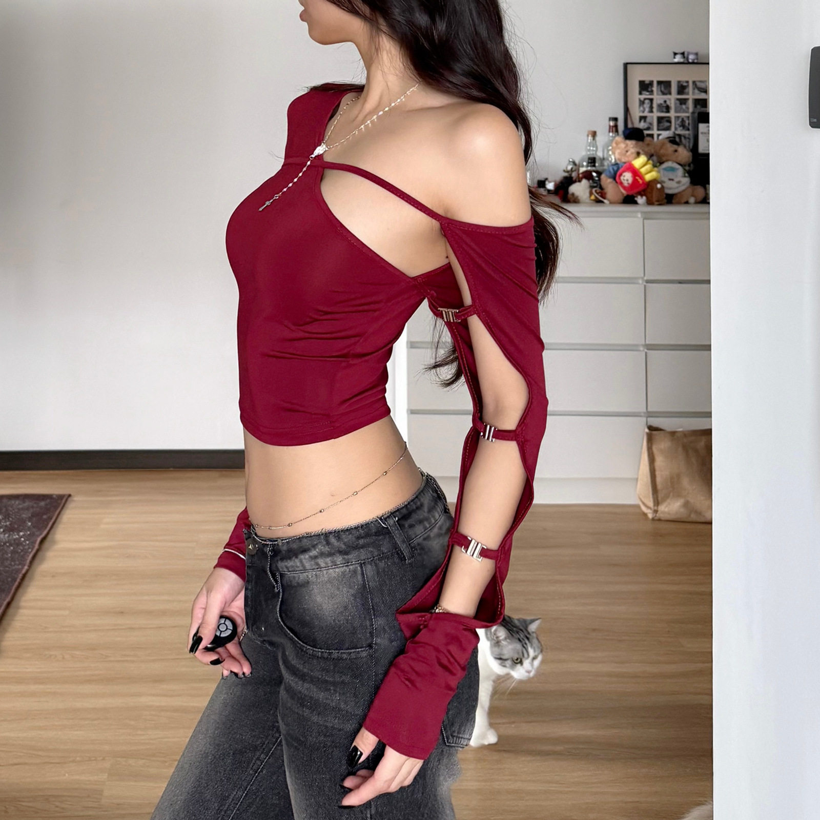 Womens Long Sleeve T Shirt Sexy Irregular Asymmetrical Neckline Hollow Out Design Slim Fit Autumn Fashion