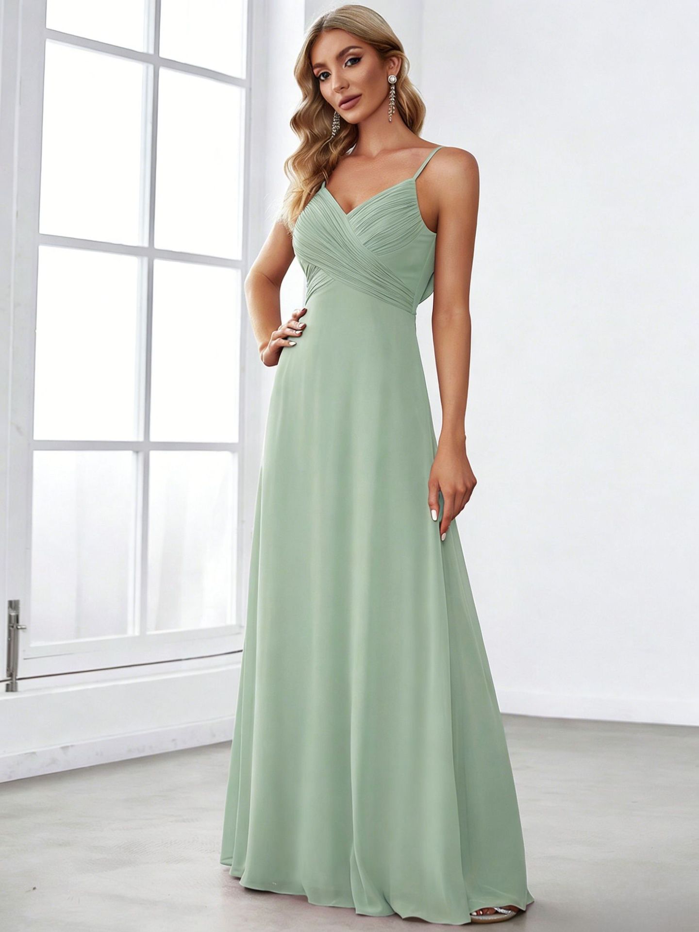 Sleeveless Deep V Neck Chiffon Dress Solid Color Pleated Front Elegant Design Perfect for Parties and Special