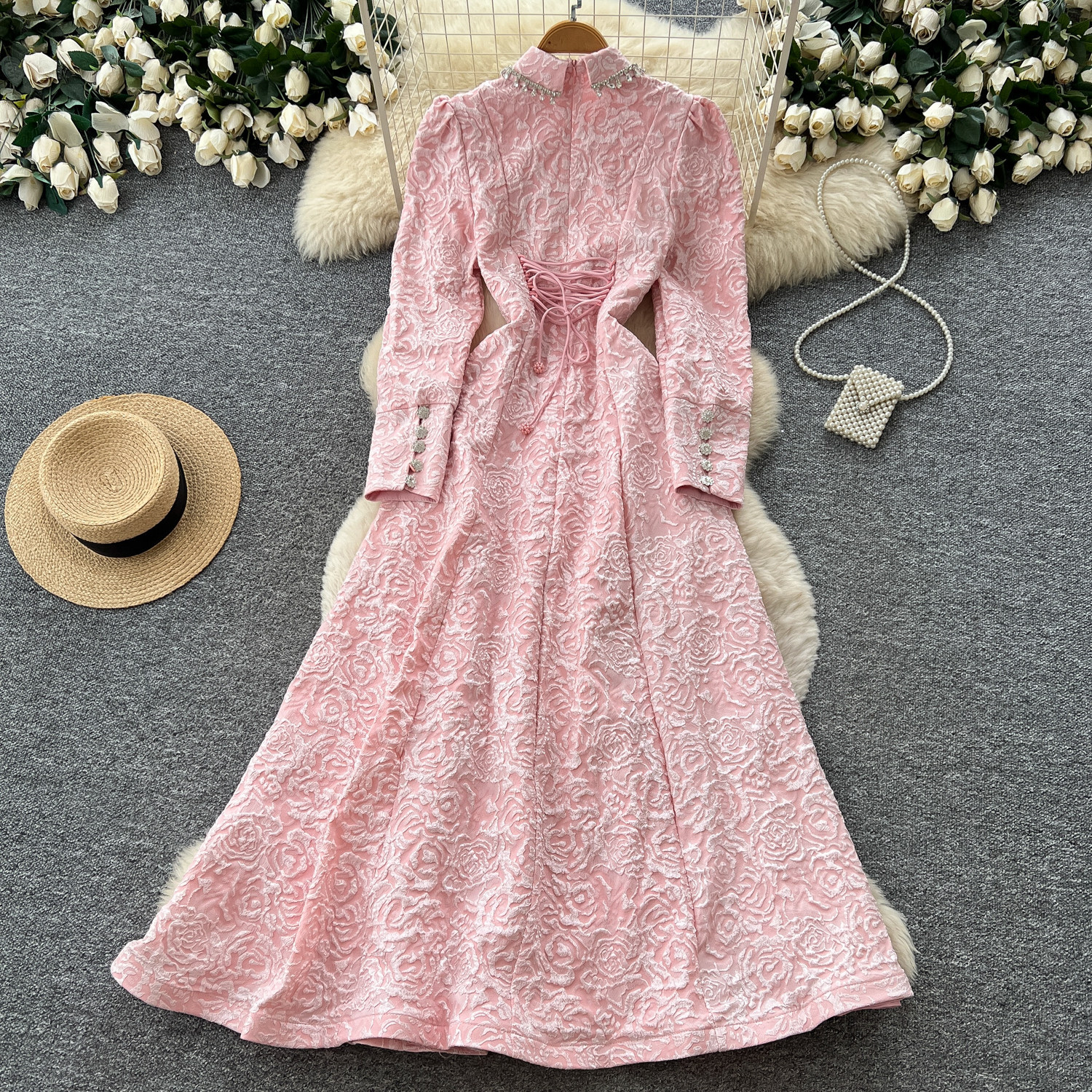 French Lace Long Sleeve Dress for Women Fitted Waist A Line Silhouette Elegant Evening Gown Autumn Collection
