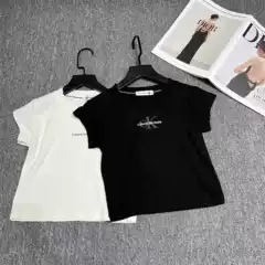 2026 Summer C Brand New Double Logo Spicy Girl Tight-Fitting Knit T-Shirt Campus Style Short Round Neck Short-Sleeve Top for Girls