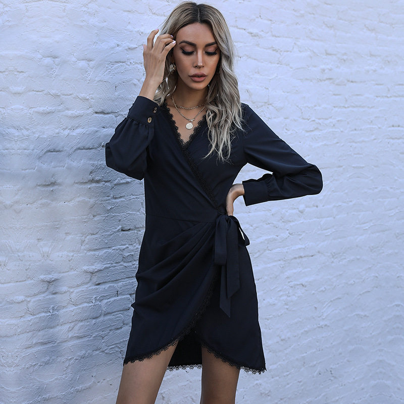 Black Lace Up Asymmetrical Dress Fashionable Fall Style Elegant for Parties and Events Wholesale Available
