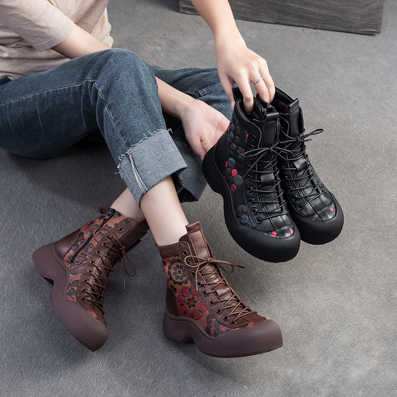 Giày Boot Cổ Thấp Nữ Hàng Mùa Xuân Thu Đông Phục Cổ Cổ Điển