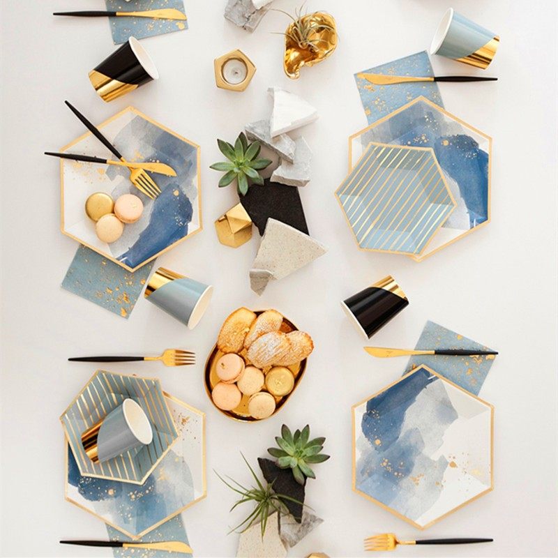 Cross-Border Disposable Paper Plate Disposable Cake Plate Hexagonal Ink Blue Birthday Party Cake Tableware Set
